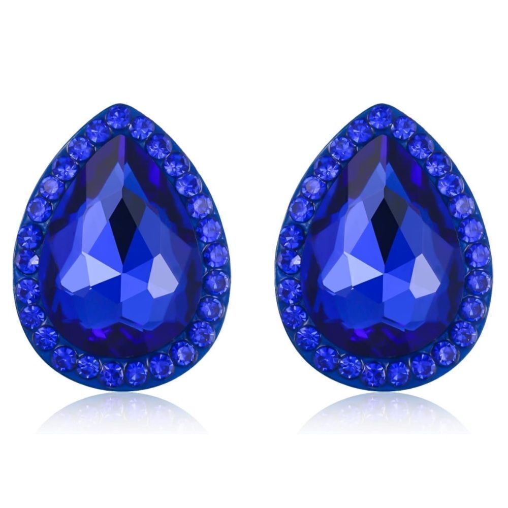 Blue with Sapphire Blue Austrian Crystal Teardrop Stud Post Back Earrings